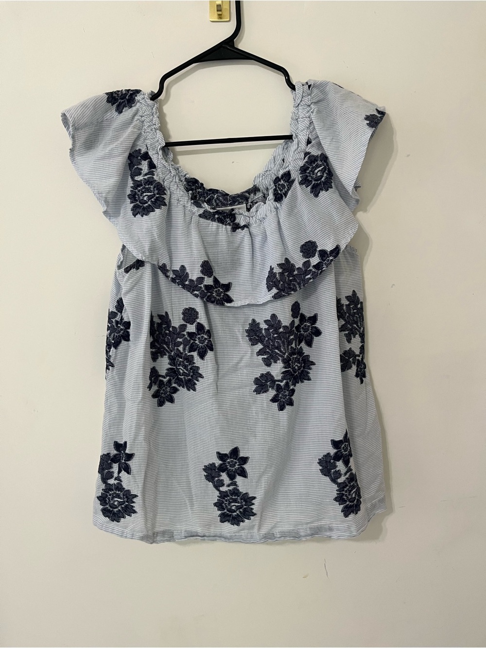 J. Jill Women’s Cotton Blue Striped Floral Off the Shoulder Ruffle Top Small